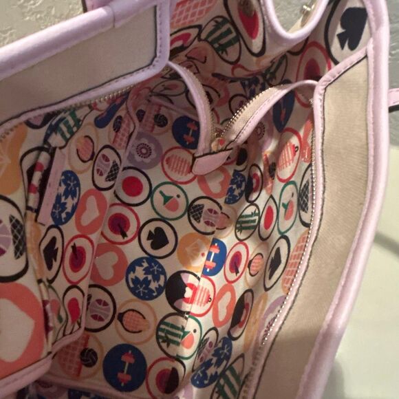 Kate Spade Leather Trim Canvas Tote Bag Natural Pink Logo Preppy Barbiecore - Picture 9 of 16